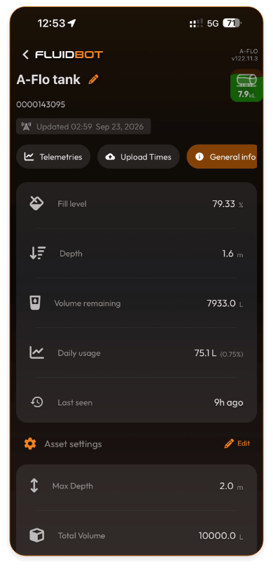 FLUIDBOT mobile app general info screen with fill level, depth and volume remaining
