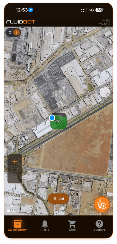 FLUIDBOT mobile app map view locating an installed tank
