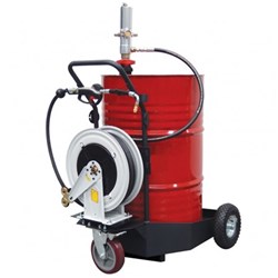 205L Mobile 3 Wheel Trolley Hose Reel Kit - 3:1 Ratio Pump, 10m Hose Reel, Metered Coolant Gun