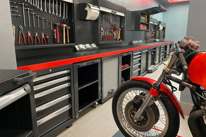 Motorcycle workshop bench with drawers and modular storage